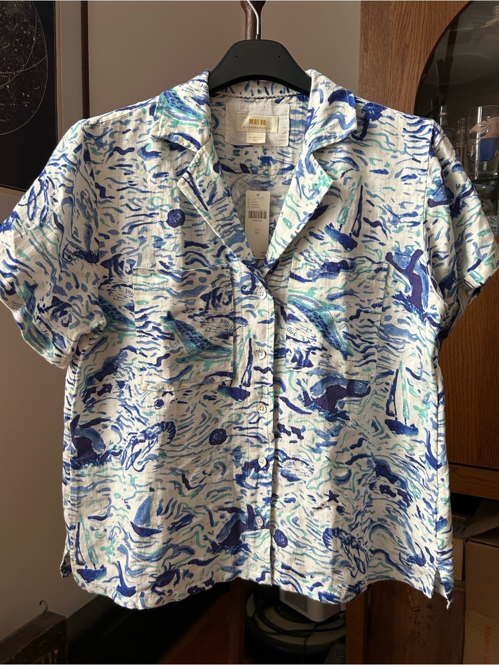 Maeve Anthropologie sea theme linen blend top size xs
